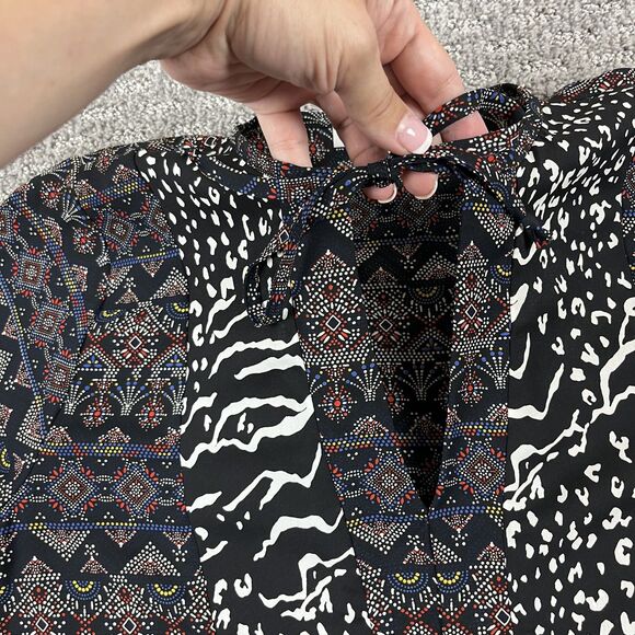 Allison Joy Blouse Womens Small Black White Boho Geometric Mixed Print Top USA - Picture 2 of 9